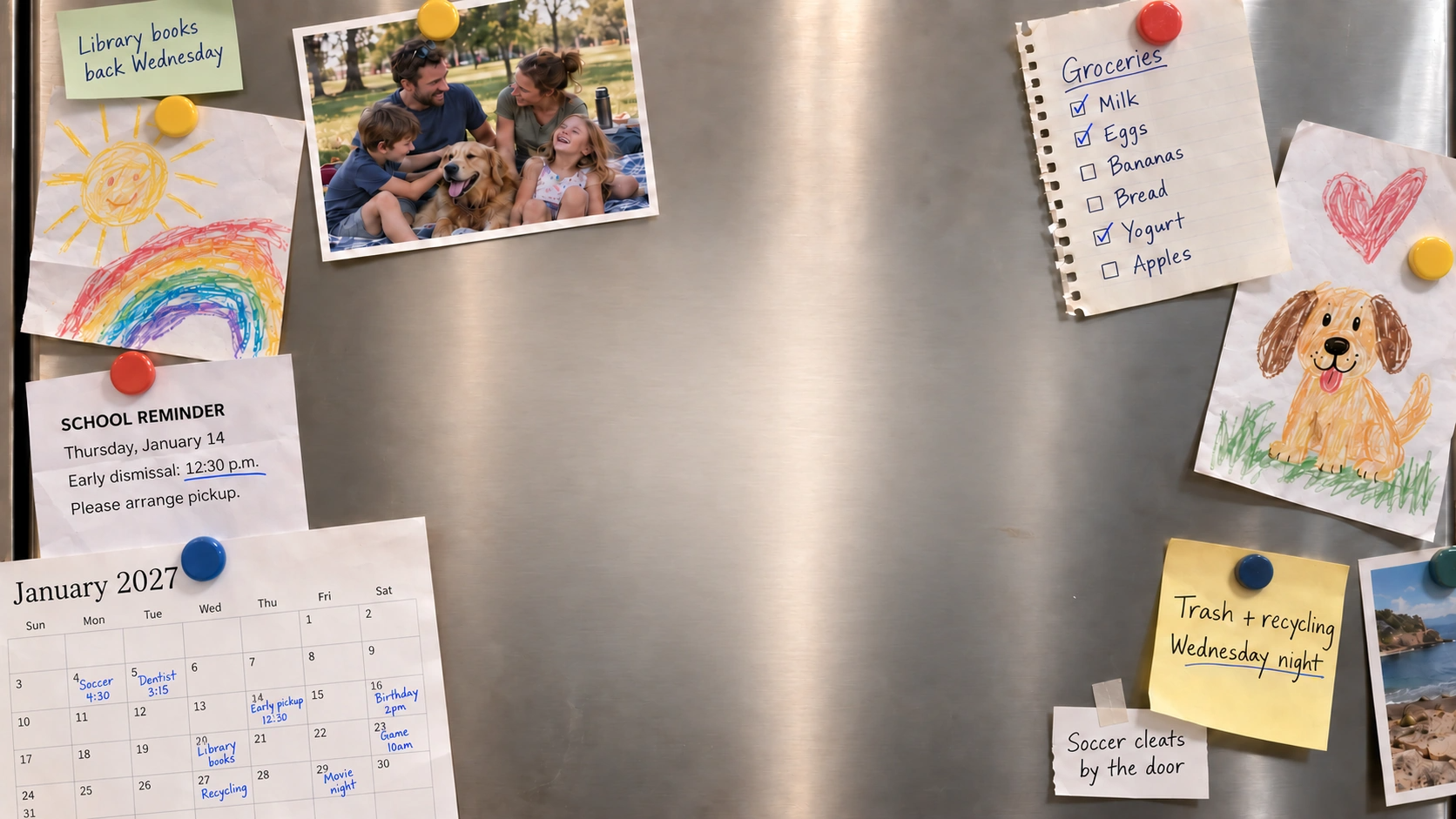 A stainless steel family fridge covered in photos, kids' drawings, a grocery list and a January 2027 calendar, with an empty space in the middle.